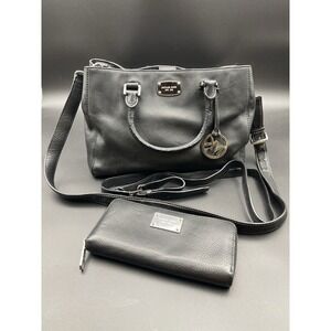 Michael Kors Black Pebbled Leather Satchel Crossbody 2 Straps + Wallet Set